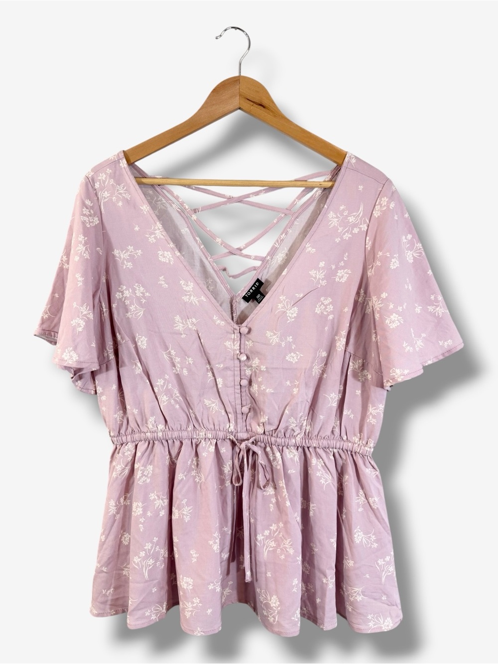 Torrid Lavender V-Neck Flutter Sleeve Blouse Size 00 (M/L 10) Floral Print Cinch